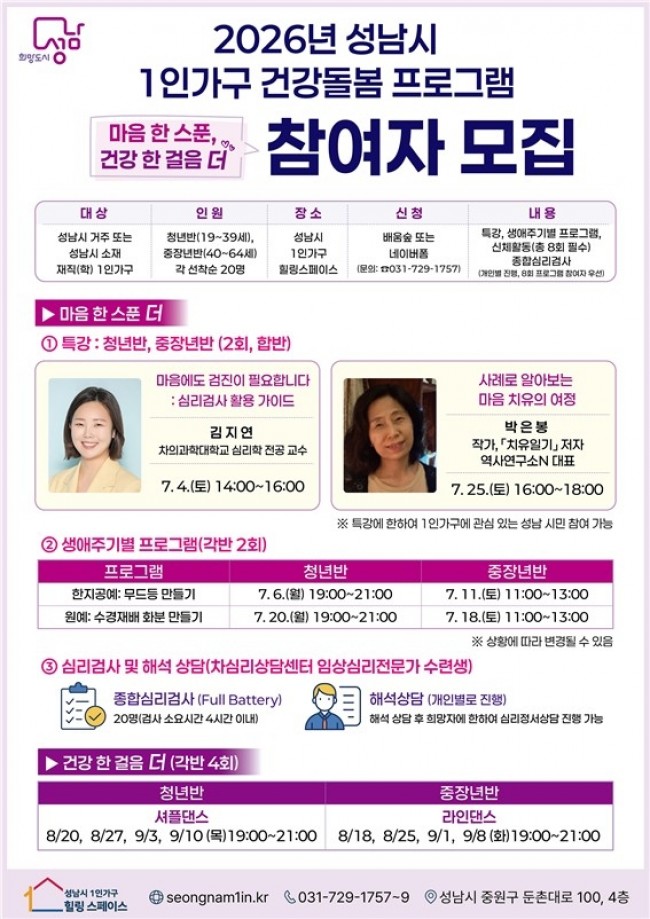 성남시, 1인가구 건강 돌봄 프로그램 운영…55명 무료 참여