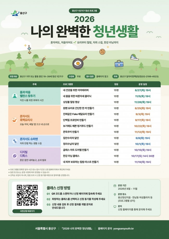 용산구, 청년 1인가구 맞춤형 프로그램 '나의 완벽한 청년생활' 운영